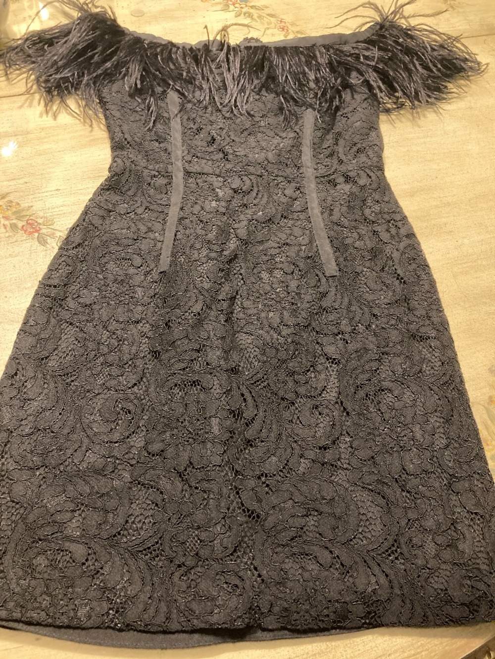 Topshop Black Lace Mini Dress/Feather Trim Sz XS